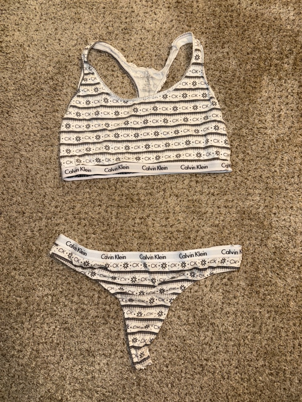 Calvin Klein White & Black Printed Bralette and Thong Set